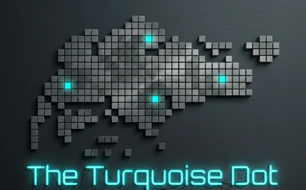 The Turquoise Dot: a pixel mosaic map of Singapore with glowing turquoise dots, above the community's neon wordmark